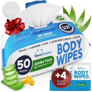 XL Body Wipes for Adults Bathing No Rinse - 50 Ct. + 4 Travel Shower Wipes - 9"x12" Thick Cleansing Bath Wash Wipes for Elderly Incontinence - Disposable Washcloths, Camping...