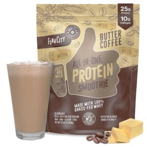 FlavCity Protein Powder Smoothie, Butter Coffee - 100% Grass-Fed Whey Protein Powder Shake with Collagen (25g of Protein) - Gluten Free & No Added Sugars (33.02 oz)