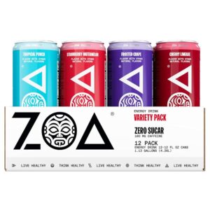 ZOA Zero Sugar Energy Drinks, Variety Pack - Sugar Free with Electrolytes, Healthy Vitamin C, Amino Acids, Essential B-Vitamins, and Caffeine from Green Tea - 12 Fl Oz (12-Pack)